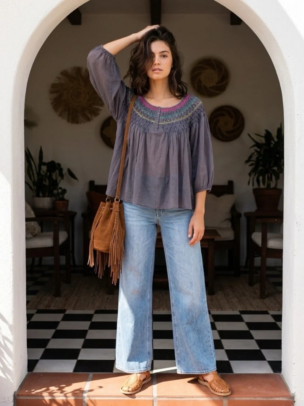 Free People Embroidered Boho 3/4 Puff Sleeve Gray Top Size XS